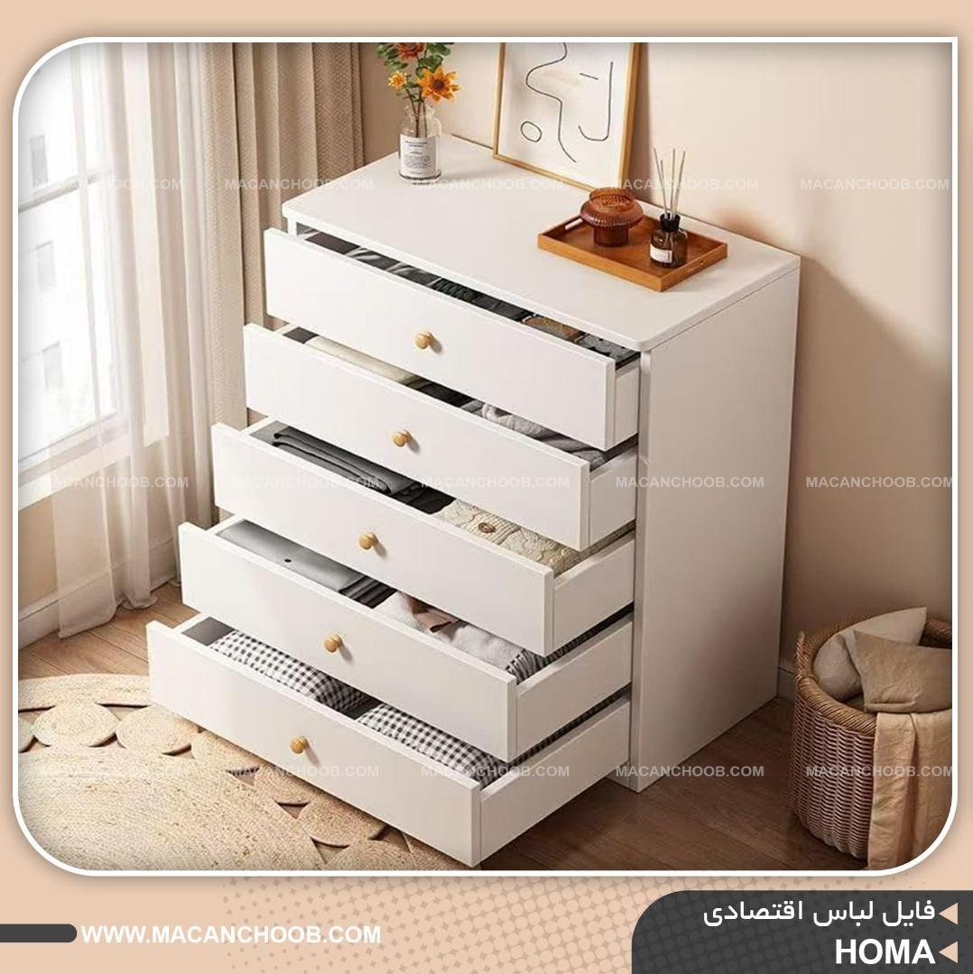 فایل لباس 5 کشو ریلی عرض 70 دستگیره چوبی لبه کرو شده مدل HOMA